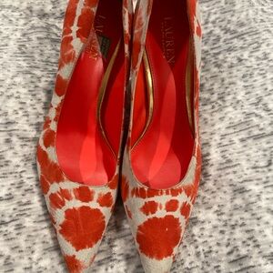 Ralph Lauren Red and White Peep-Toe Heels